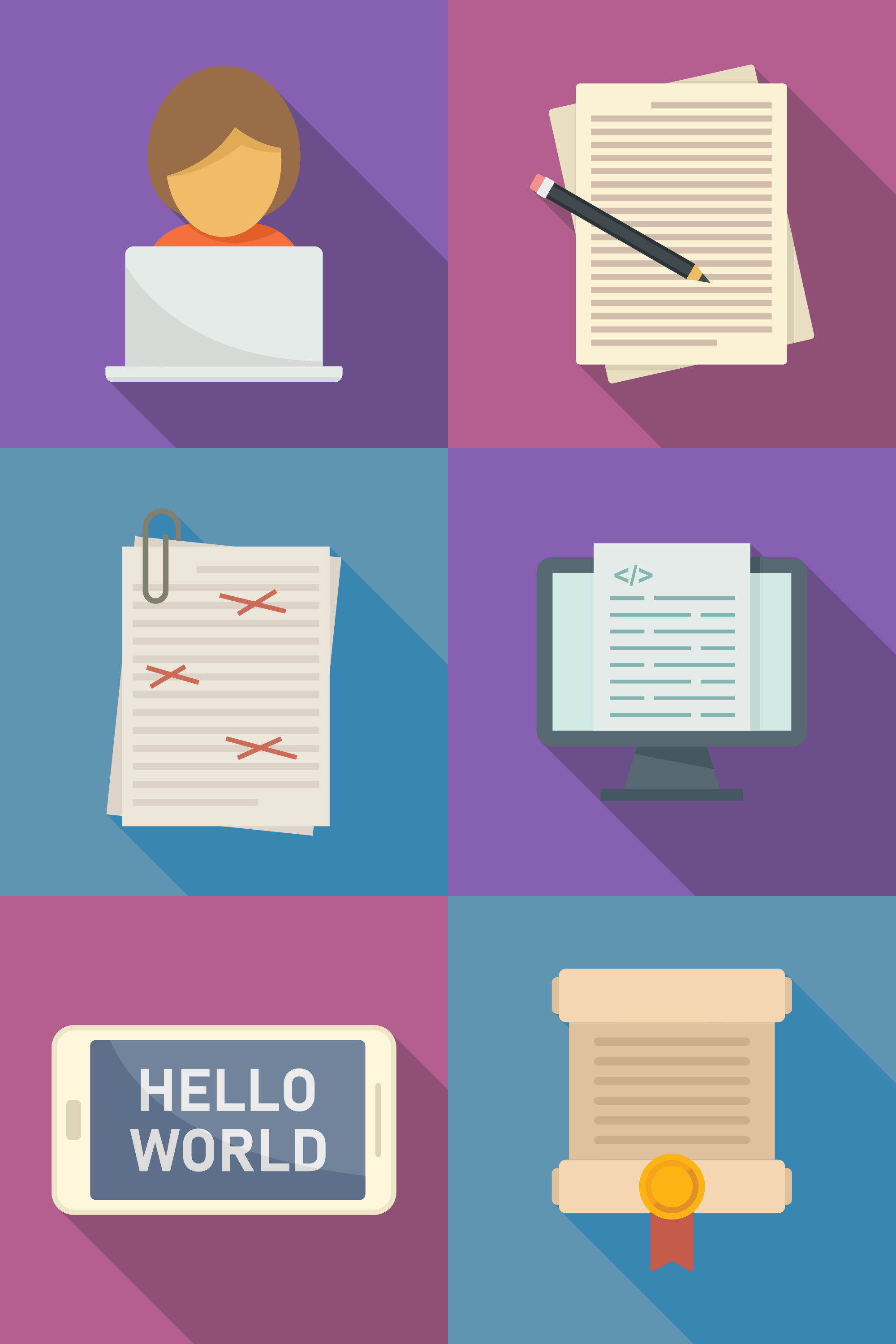 Illustration of a researcher at a laptop, papers, a code editor, a tablet reading Hello World, and a scroll with a ribbon