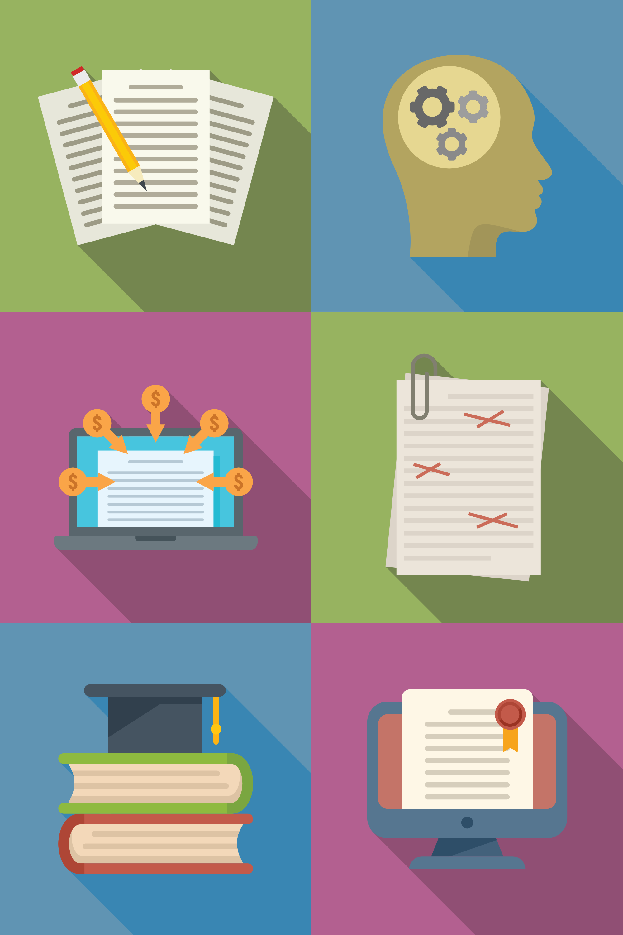Illustration of a document, a head with gears, a laptop, a marked-up paper, a stack of books with a graduation cap, and a certificate on a screen